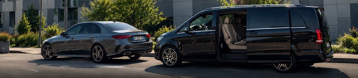 Berline et van Mercedes d’Allo Drivers stationnés côte à côte, porte latérale du van ouverte